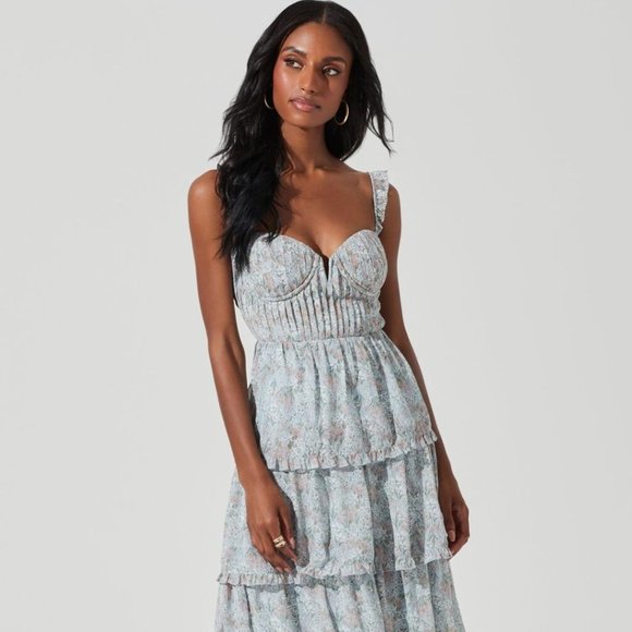 Astr Dresses & Skirts - ASTR the Label Flutter Strap Floral Tiered Maxi Dress Light Blue Floral